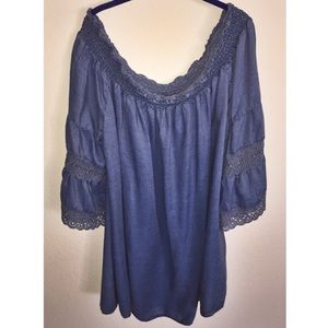 Chambray Crocheted Trim Off Shoulder Dress